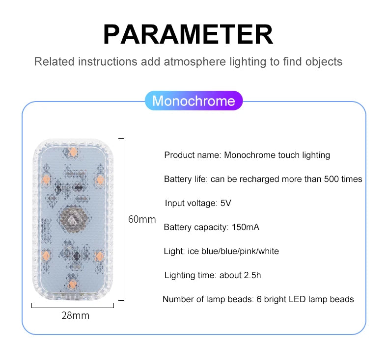 LED Touch Light Mini Wireless Car Interior Lighting Auto Roof Ceiling Reading Lamp for Door Foot Trunk Storage Box USB Charging