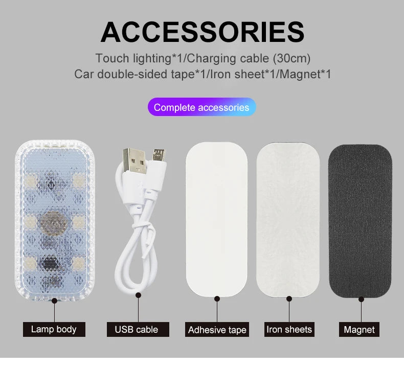 LED Touch Light Mini Wireless Car Interior Lighting Auto Roof Ceiling Reading Lamp for Door Foot Trunk Storage Box USB Charging