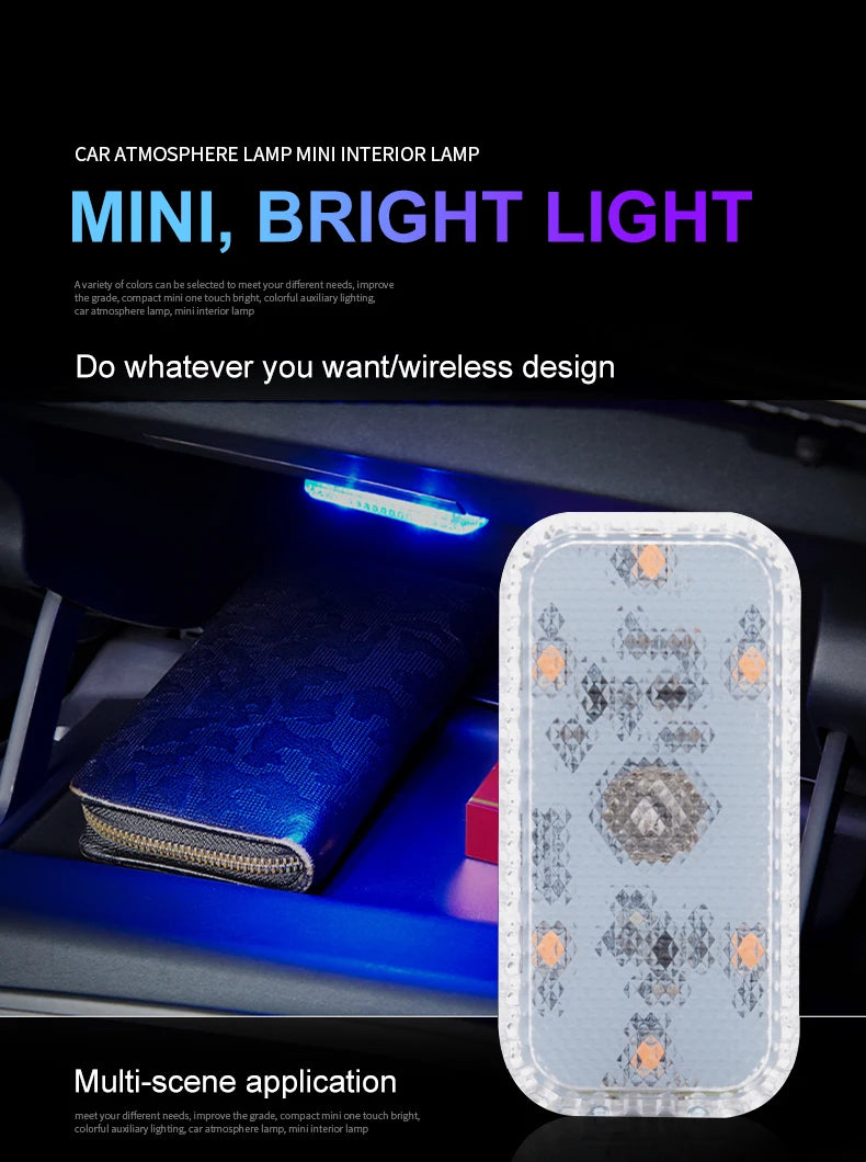 LED Touch Light Mini Wireless Car Interior Lighting Auto Roof Ceiling Reading Lamp for Door Foot Trunk Storage Box USB Charging