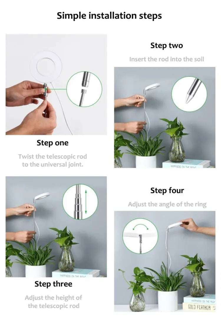 LED Indoor Angel Ring Plant Growth Light 2/4/8H On/Off Timer USB 5V Retractable Height Full Spectrum Simulated Sunlight Plant