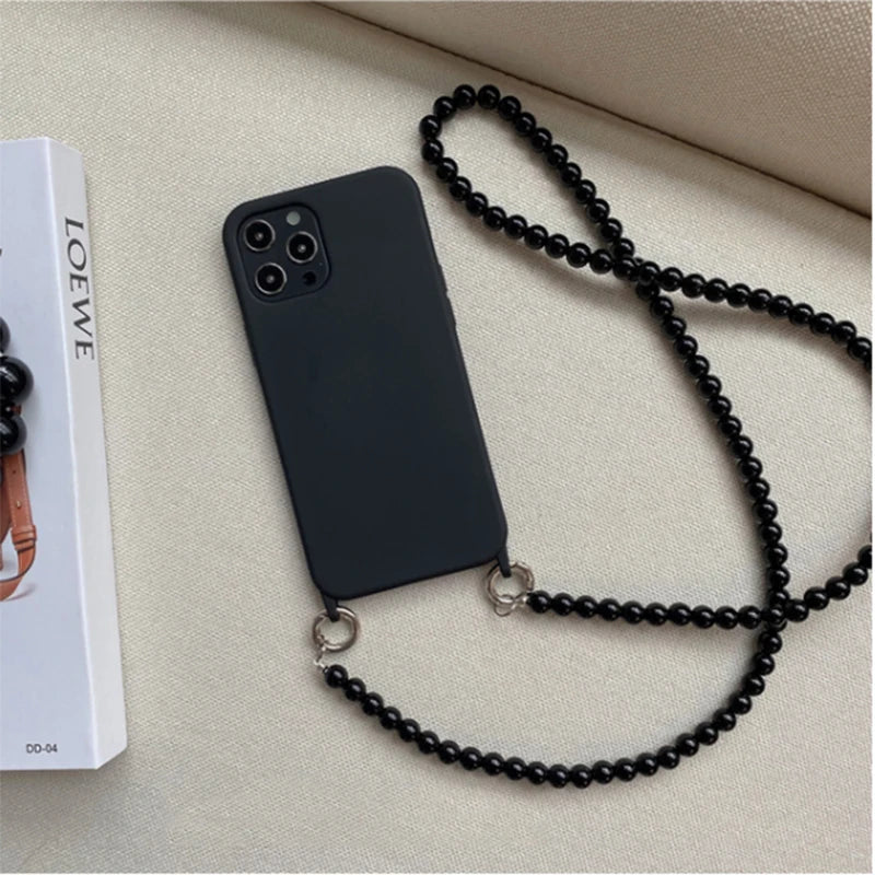 INS Crossbody Lanyard Necklace Phone Case For iPhone 17 16 14 11 12 Pro Max 13 Mini 15 Plus X Soft Back Round Beads Chain Cover