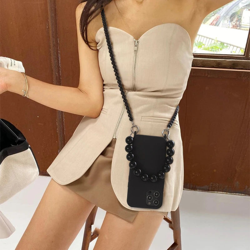 INS Crossbody Lanyard Necklace Phone Case For iPhone 17 16 14 11 12 Pro Max 13 Mini 15 Plus X Soft Back Round Beads Chain Cover