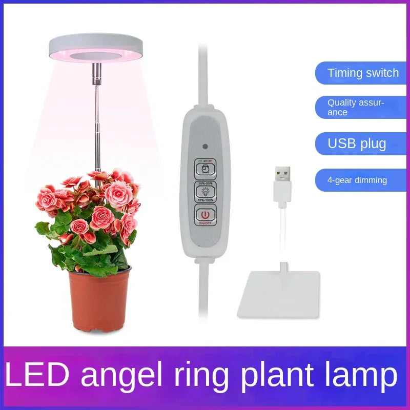 LED Indoor Angel Ring Plant Growth Light 2/4/8H On/Off Timer USB 5V Retractable Height Full Spectrum Simulated Sunlight Plant