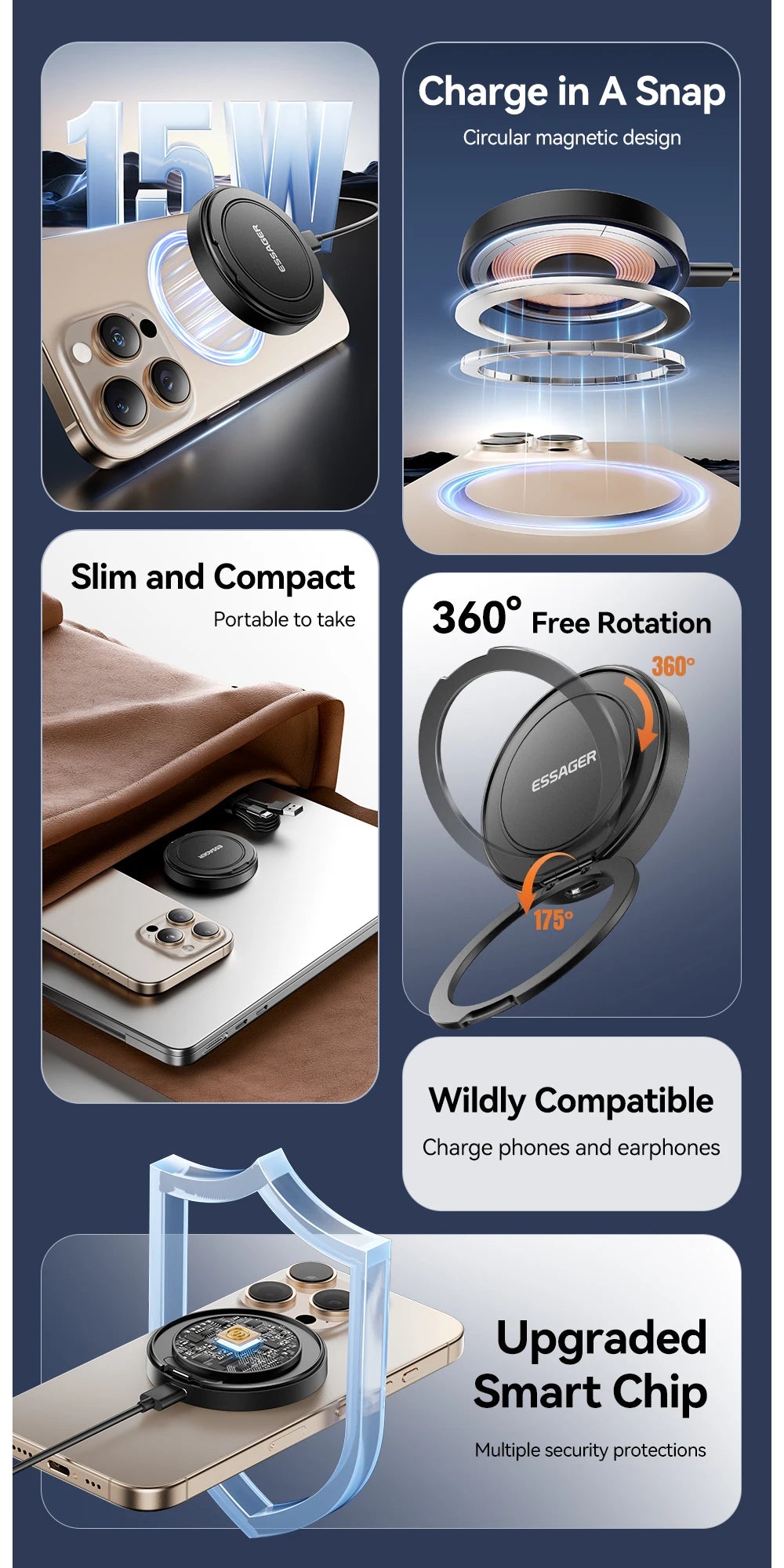 Essager Magnetic Wireless Charger With Holder 15W Fast Charging For iPhone16 15 14 13Pro Max Airpods Mini Wireless Phone Charger