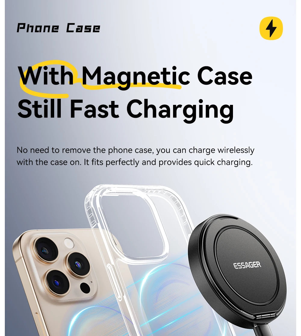 Essager Magnetic Wireless Charger With Holder 15W Fast Charging For iPhone16 15 14 13Pro Max Airpods Mini Wireless Phone Charger