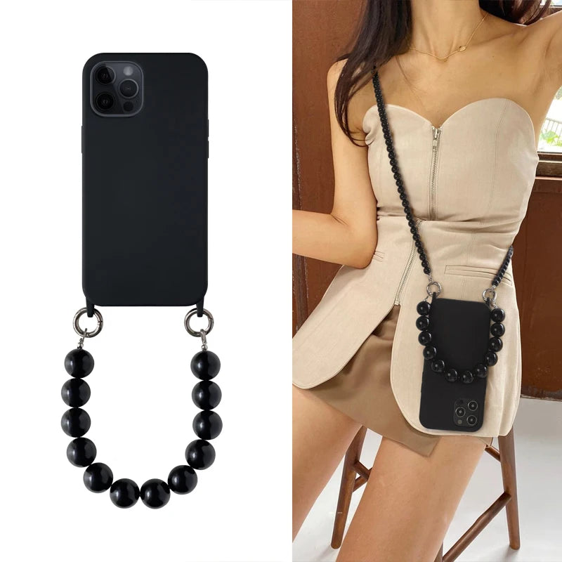 INS Crossbody Lanyard Necklace Phone Case For iPhone 17 16 14 11 12 Pro Max 13 Mini 15 Plus X Soft Back Round Beads Chain Cover
