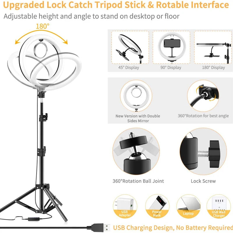LED Ring Light Photography Adjustable Lighting Phone Ringlight With 20cm Tripod Stand USB Round Fill Lamp For Phone Video Live