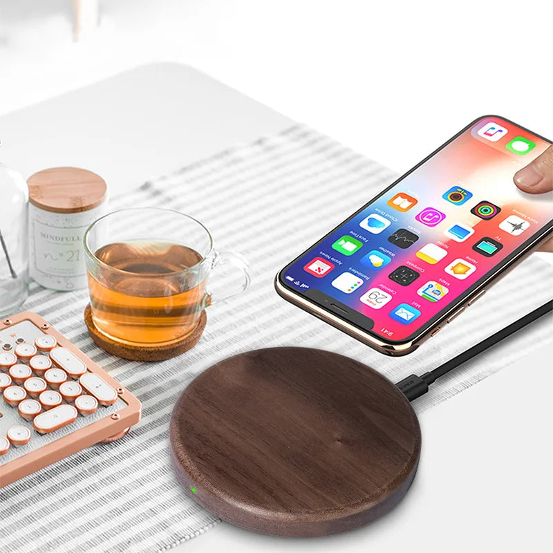 10W 15W Wireless Charger Walnut Wood Grain Slim Wireless Charging for iPhone 16 15 14 13 12 Pro Max S24 S23 FE Ultra Charger Pad