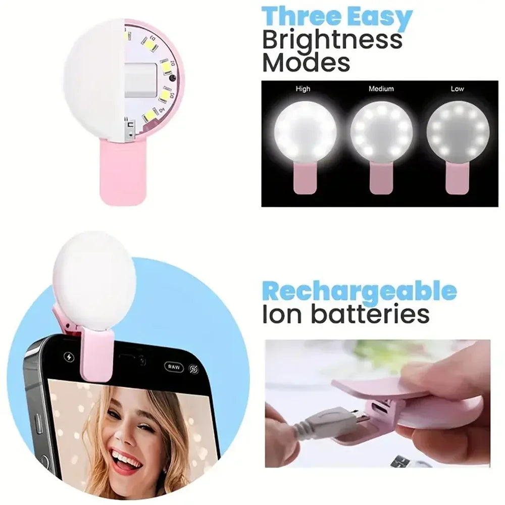 LED Selfie Ring Light Portable Clip Portable Mobile Phone Fill Flash Lens Ring Light Three Stop Dimming Mini Durable Practical